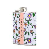 Farbenfrohe Blume, blauer Hintergrund, orange Flachmann (Links)