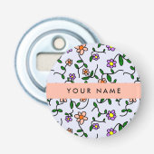 Farbenfrohe Blume, blauer Hintergrund, orange Flaschenöffner (Vorderseite)