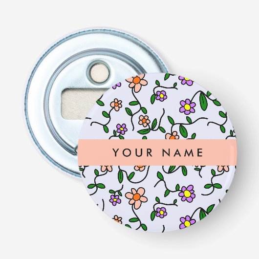 Farbenfrohe Blume, blauer Hintergrund, orange Flaschenöffner (Vorderseite)