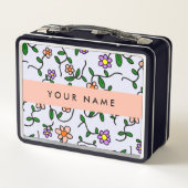 Farbenfrohe Blume, blauer Hintergrund, orange Metall Brotdose (Rückseite)