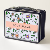 Farbenfrohe Blume, blauer Hintergrund, orange Metall Brotdose (Vorderseite)