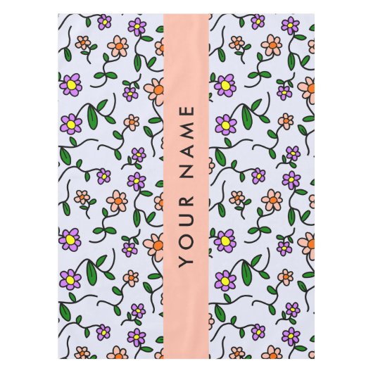 Farbenfrohe Blume, blauer Hintergrund, orange Tischdecke (Vorderseite)