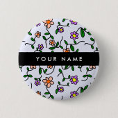 Farbenfrohe Blume, blauer Hintergrund, schwarz Button (Vorderseite)