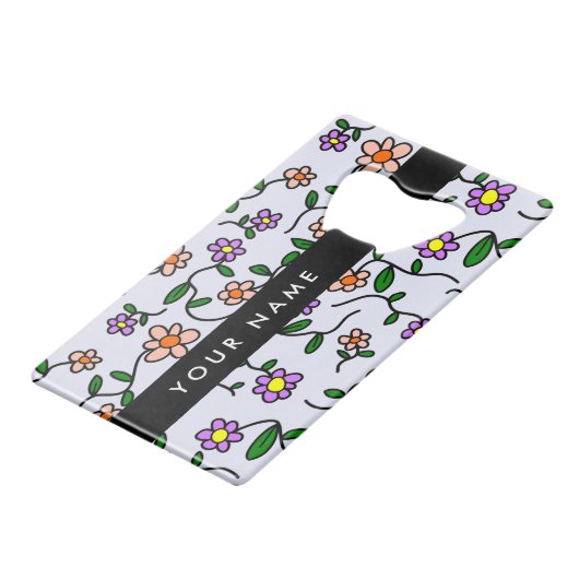 Farbenfrohe Blume, blauer Hintergrund, schwarz Geldbeutel Flaschenöffner (Vorderseite Schrägansicht)