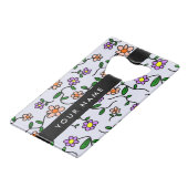 Farbenfrohe Blume, blauer Hintergrund, schwarz Geldbeutel Flaschenöffner (Rückseite Schrägansicht)