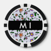 Farbenfrohe Blume, blauer Hintergrund, schwarz Pokerchips (Vorderseite)