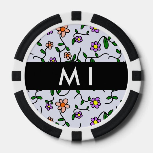 Farbenfrohe Blume, blauer Hintergrund, schwarz Pokerchips (Vorderseite)