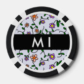 Farbenfrohe Blume, blauer Hintergrund, schwarz Pokerchips (Rückseite)