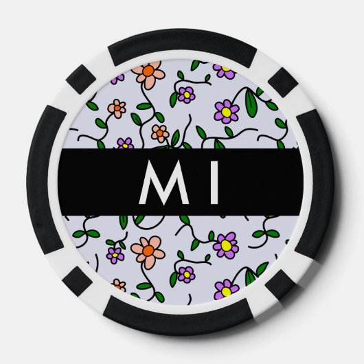 Farbenfrohe Blume, blauer Hintergrund, schwarz Pokerchips (Rückseite)