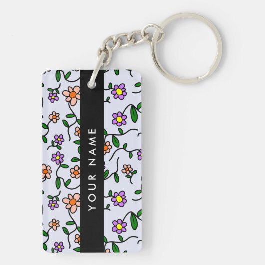 Farbenfrohe Blume, blauer Hintergrund, schwarz Schlüsselanhänger (Rückseite)