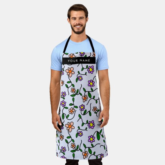Farbenfrohe Blume, blauer Hintergrund, schwarz Schürze (Getragen)