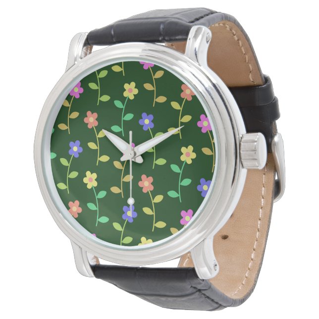 Farbenfrohe Blume, Blumenmuster, Grüne, Boho Armbanduhr (Schrägansicht)