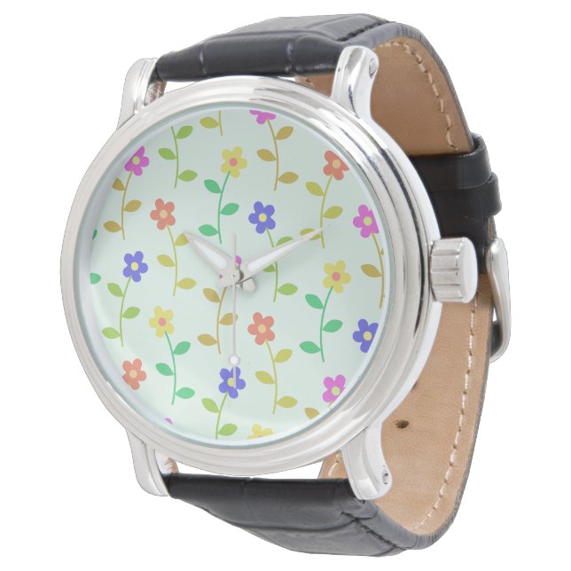 Farbenfrohe Blume, Blumenmuster, Grüne, Boho Armbanduhr (Schrägansicht)