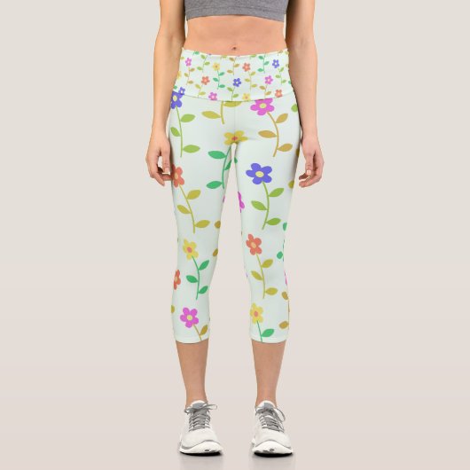 Farbenfrohe Blume, Blumenmuster, Grüne, Boho Capri Leggings (Vorderseite)