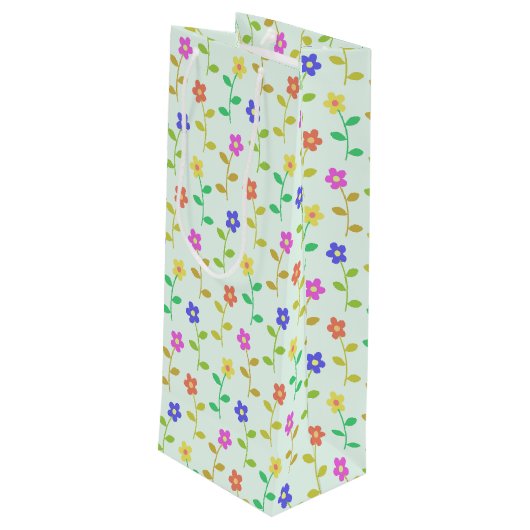 Farbenfrohe Blume, Blumenmuster, Grüne, Boho Geschenktüte Für Weinflaschen (Rückseite Schrägansicht)