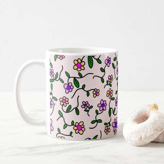 Farbenfrohe Blume, Blumenmuster, Grüne, Boho Kaffeetasse (Mit Donut)