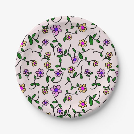 Farbenfrohe Blume, Blumenmuster, Grüne, Boho Pappteller (Vorderseite)