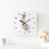 Farbenfrohe Blume Bouquet Giraffe - Zeichnend Blum Quadratische Wanduhr (Zuhause)