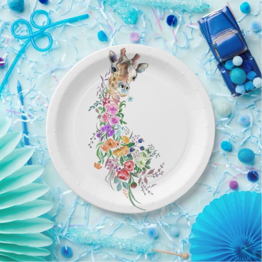 Farbenfrohe Blume Bouquet Giraffe - Zeichnend Mode Pappteller (Party)
