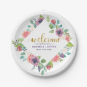 Farbenfrohe Blume Bouquets Rahmen Hochzeit Willkom Pappteller (Vorderseite)