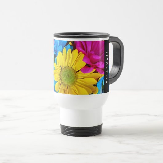 Farbenfrohe Blume, Daisis, Boho, Ihr Name Reisebecher (VorderseiteRechts)