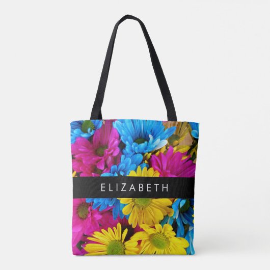 Farbenfrohe Blume, Daisis, Boho, Ihr Name Tasche (Rückseite)