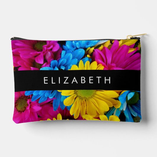Farbenfrohe Blume, Daisis, Boho, Ihr Name Zubehörtasche (Rückseite)