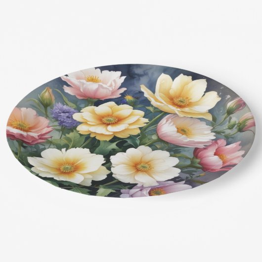 Farbenfrohe Blume Elegante Wasserfarben-Malerei Pappteller (Schrägansicht)