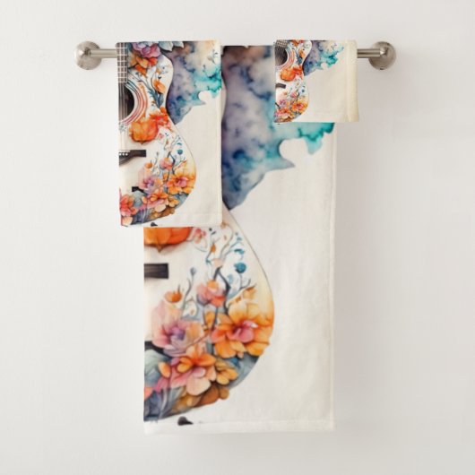 Farbenfrohe Blume Gitarrenmusik Instrument Elegant Badhandtuch Set (Insitu)