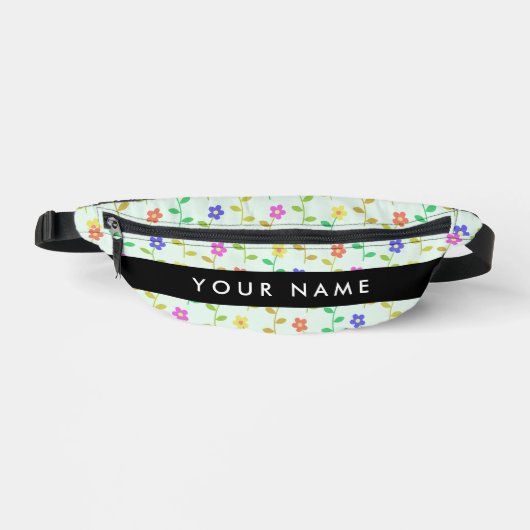 Farbenfrohe Blume, hellgrüner Hintergrund, schwarz Bauchtasche (Vorderseite)