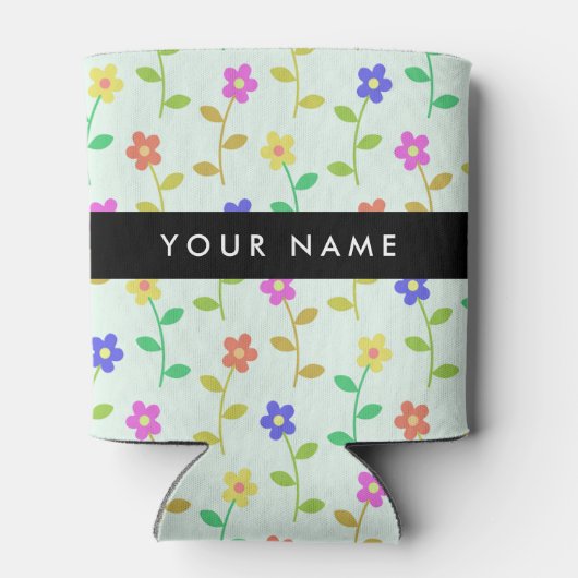 Farbenfrohe Blume, hellgrüner Hintergrund, schwarz Dosenkühler (Rückseite)