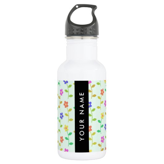 Farbenfrohe Blume, hellgrüner Hintergrund, schwarz Edelstahlflasche (Vorderseite)