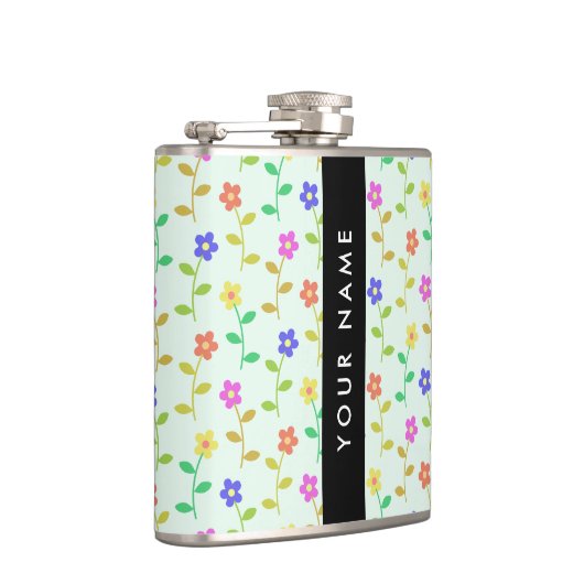 Farbenfrohe Blume, hellgrüner Hintergrund, schwarz Flachmann (Rechts)