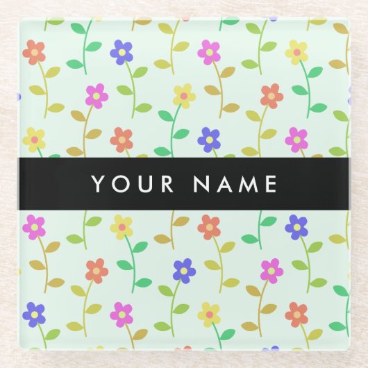 Farbenfrohe Blume, hellgrüner Hintergrund, schwarz Glasuntersetzer (Vorderseite)