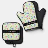 Farbenfrohe Blume, hellgrüner Hintergrund, schwarz Ofenhandschuh & Topflappen-Set (Vorderseite/Rückseite)
