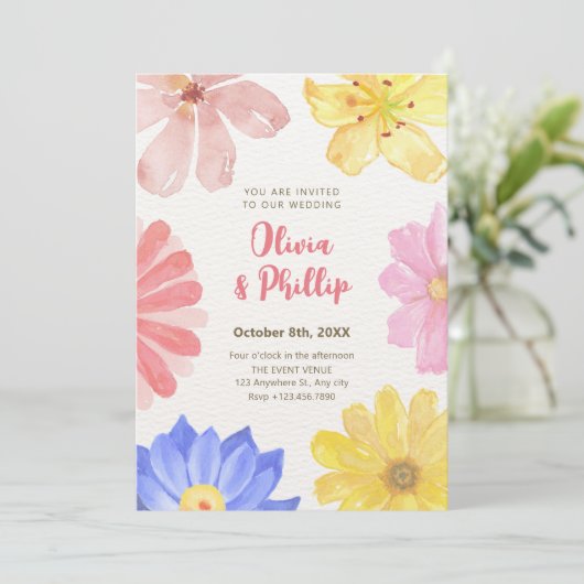 Farbenfrohe Blume Hochzeit Einladung (Stehend Vorderseite)