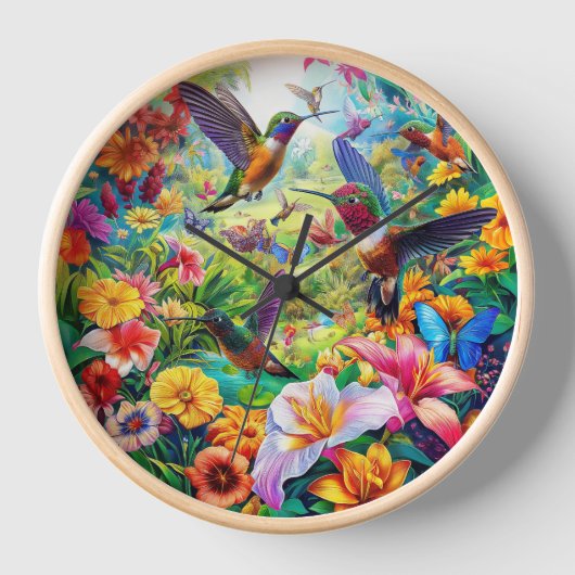 Farbenfrohe Blume Humming Bird Nature Animal Fores Uhr (Vorderseite)