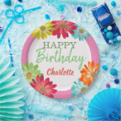 Farbenfrohe Blume Individuelle Name Happy Birthday Pappteller (Party)