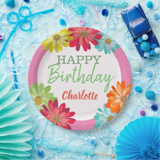 Farbenfrohe Blume Individuelle Name Happy Birthday Pappteller (Party)