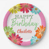 Farbenfrohe Blume Individuelle Name Happy Birthday Pappteller (Vorderseite)