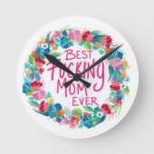 Farbenfrohe Blume Kranz Beste F*Mama je Runde Wanduhr (Vorderseite)