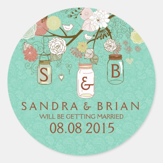 Farbenfrohe Blume & Mint-Green Hängemason Jar Runder Aufkleber (Vorderseite)