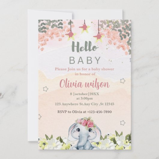 farbenfrohe Blume mit niedlichem ElefantenParty Einladung (Vorderseite)