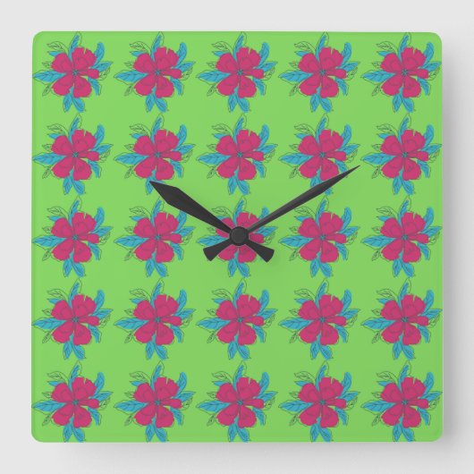 Farbenfrohe Blume Muster auf grünem Hintergrund Quadratische Wanduhr (Vorderseite)