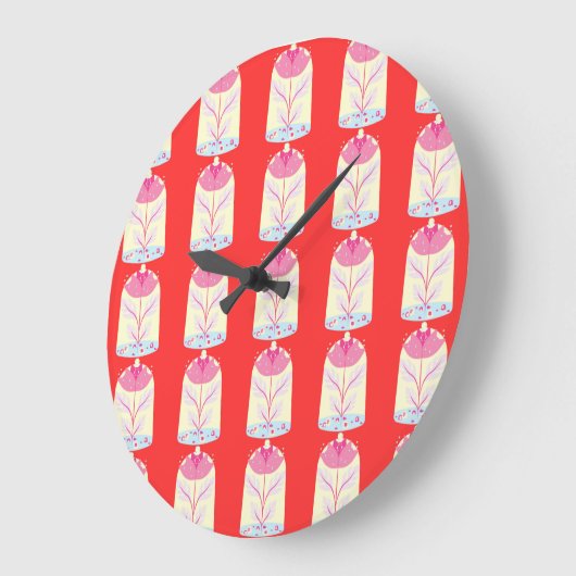 Farbenfrohe Blume Muster auf rotem Hintergrund Große Wanduhr (Winkel)