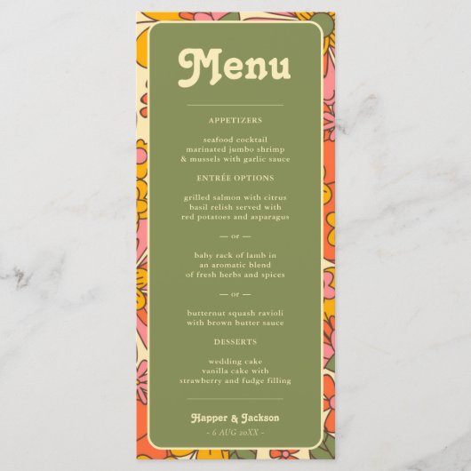 Farbenfrohe Blume Muster Retro Boho 70er Wedding Menükarte (Vorderseite)