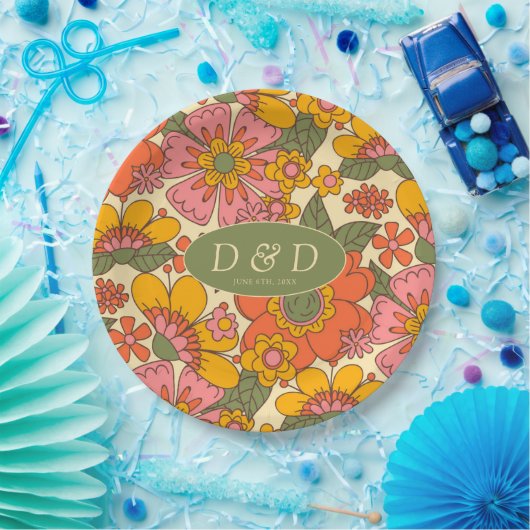 Farbenfrohe Blume Muster Retro Boho 70er Wedding Pappteller (Party)