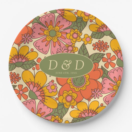 Farbenfrohe Blume Muster Retro Boho 70er Wedding Pappteller (Vorderseite)