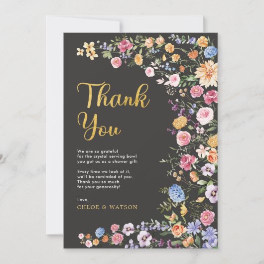 Farbenfrohe Blume Paare Brautparty Dankeskarte (Vorderseite)