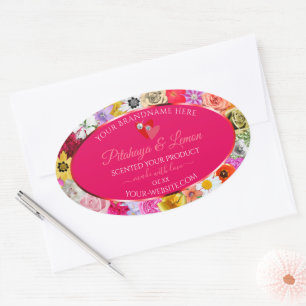 Farbenfrohe Blume Rosa Produktetiketten Herz-Juwel Ovaler Aufkleber